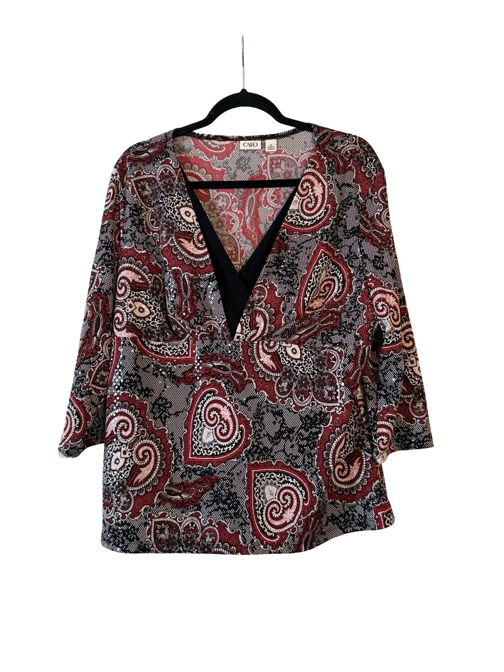 Cato Red and Black Paisley V-Neck Tunic Top